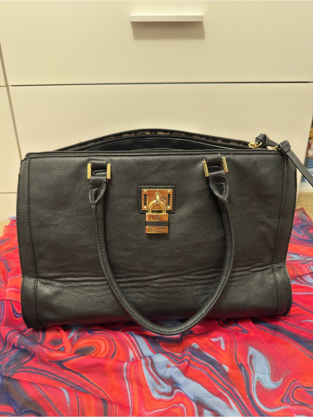 Vintage GUESS Black Structured Tote Bag Gold Hardware Monogram Lining